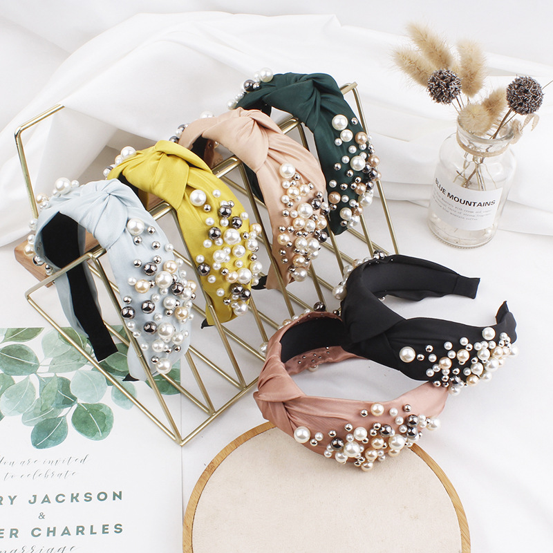 欧美跨境发饰 满盘钉珍珠发箍高颅顶圣诞节头箍 洗脸中间结发箍女