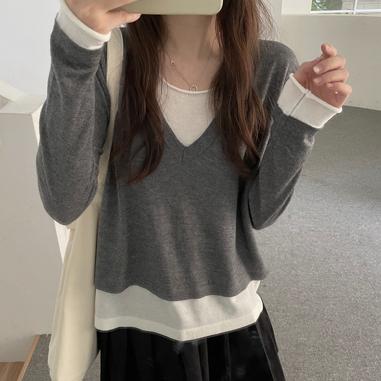 秋冬2021新款女士韩版ins风假两件套毛衣六羊毛洋气套头针织衫潮