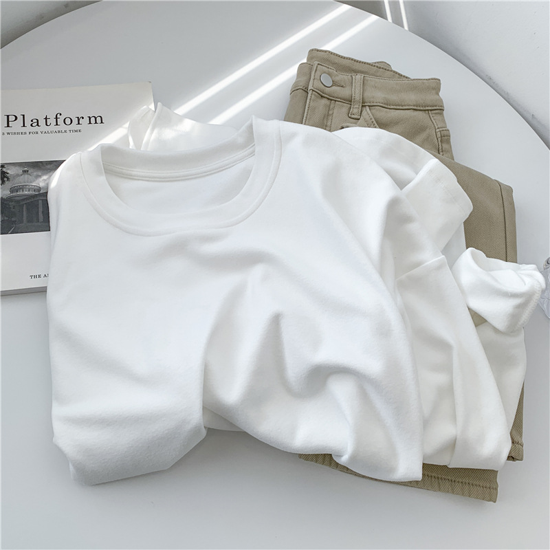 双面德绒开叉白色长袖打底衫女宽松慵懒叠穿即视感白T恤打底上衣