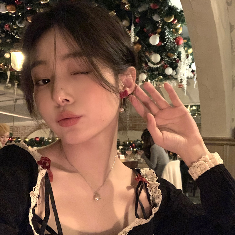 甜美丝绒蝴蝶结耳钉独特设计后挂式珍珠耳坠耳环小众高级耳饰E490