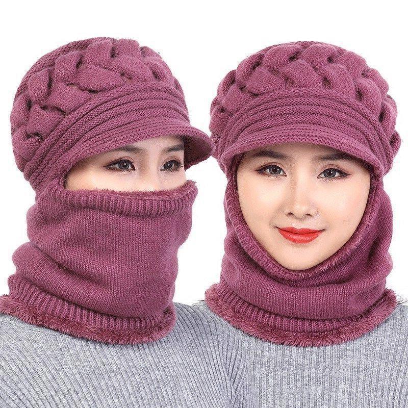 帽子女中老年人冬季休闲加厚毛线帽加绒保暖围脖妈妈帽连体针织帽