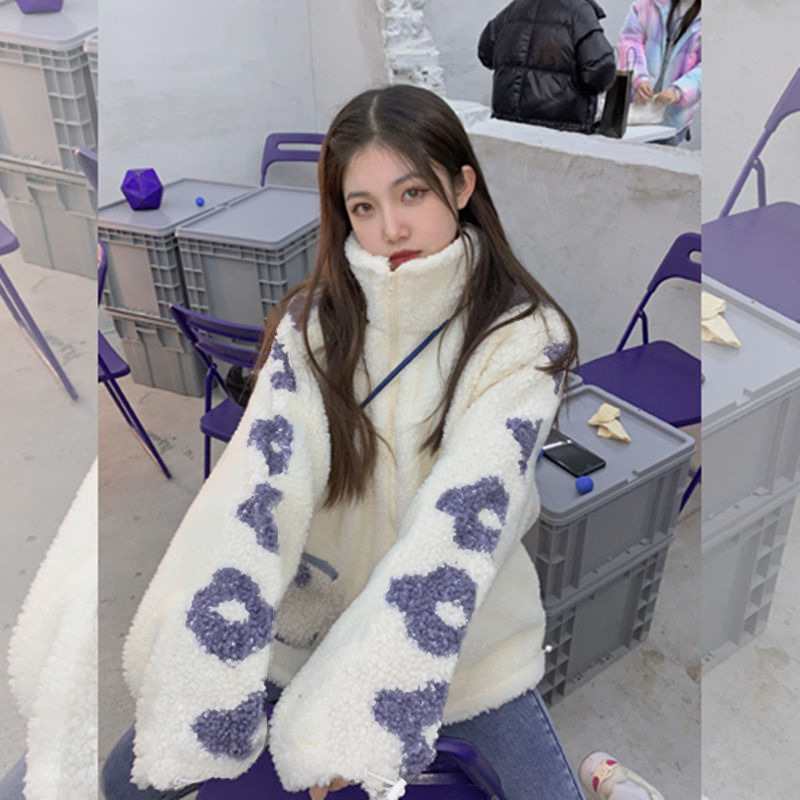 港风加厚羊羔绒开衫外套上衣女秋冬设计感时尚宽松大码慵懒风卫衣