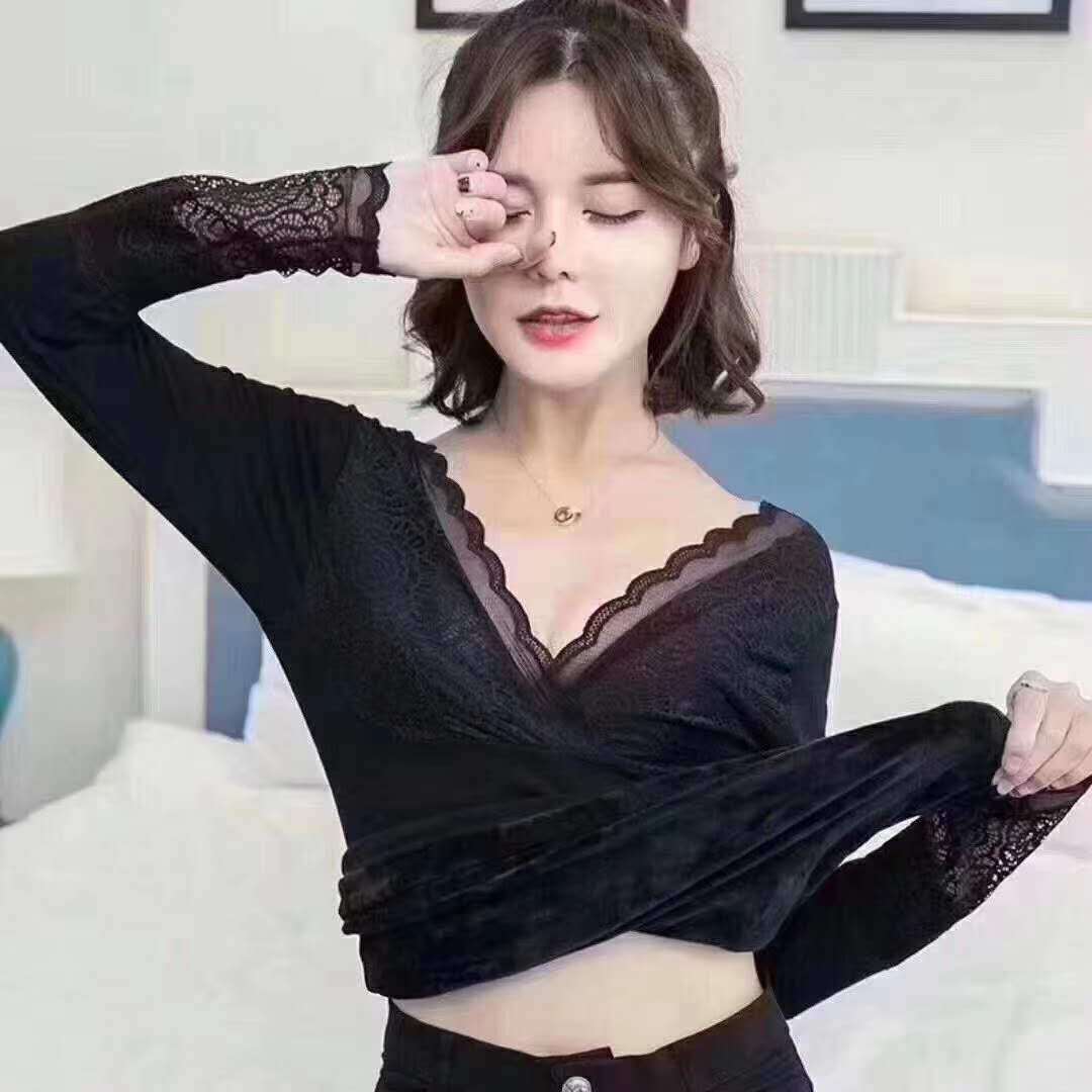微商爆款时尚V领塑身低领女神衣蕾丝拼接百搭保暖加绒加厚上衣