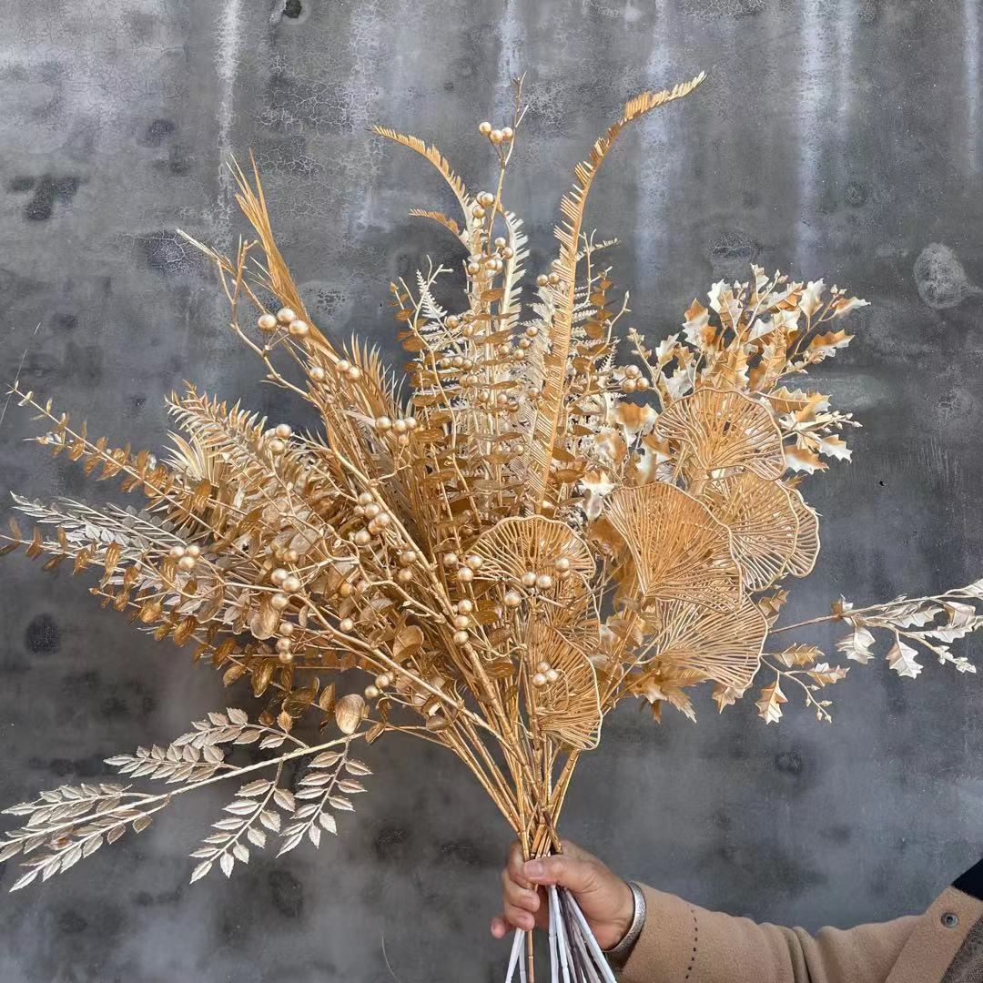 仿真花金色系金色尤加利灵宝扇子圣诞铁树叶槐树垂钓草枫叶花束