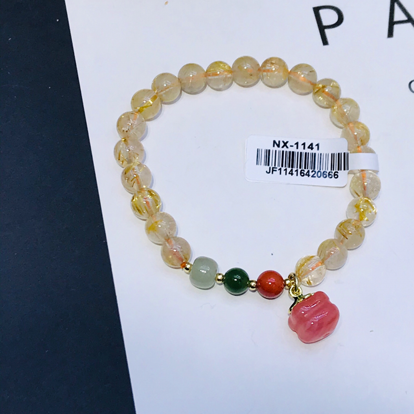 高品 天然金发晶和田玉手链女 多种宝石搭配 盐源柿子吊坠手串