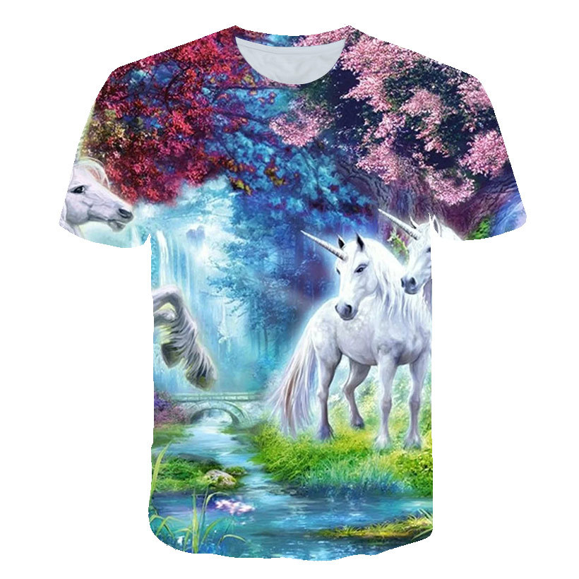 2021夏季新款男装  休闲时尚独角兽3d印花短袖 男女可做情侣款
