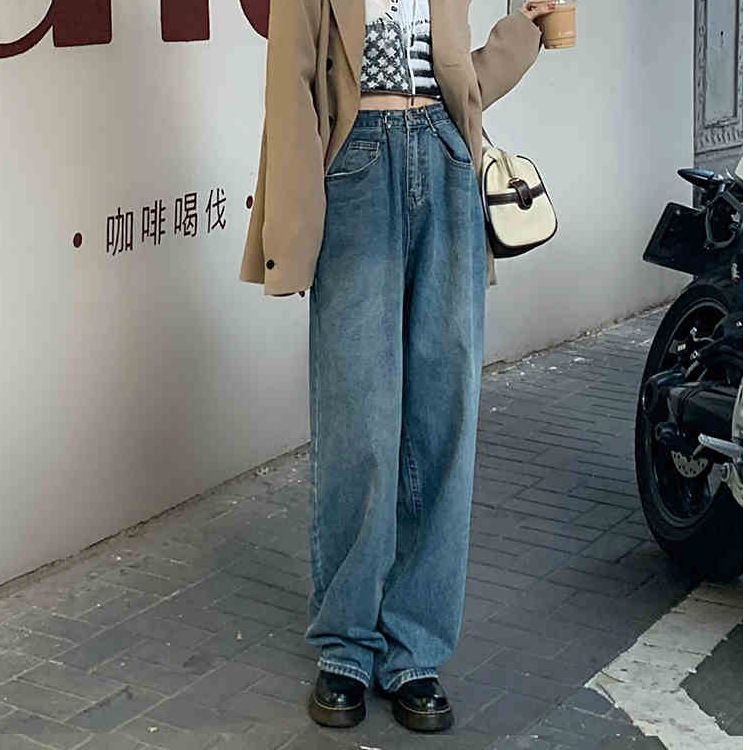 复古潮流女式阔腿牛仔裤女秋冬薄绒高腰宽松直筒垂感拖地加绒长裤