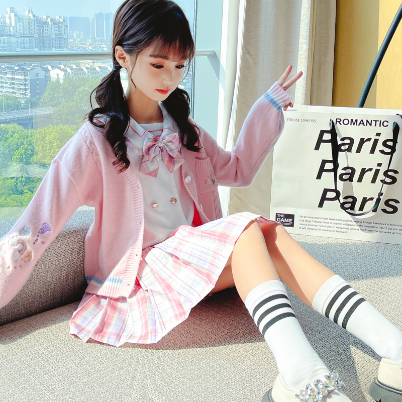 2022春季新品女童中大童JK海军三件套韩版长袖针织衫衬衫短裙套装