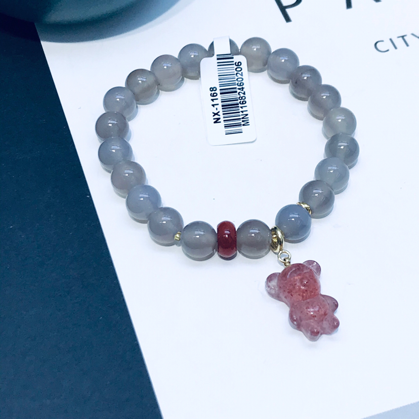 天然石灰玛瑙手链女 搭配小熊草莓晶吊坠手串铜体镀14k真金