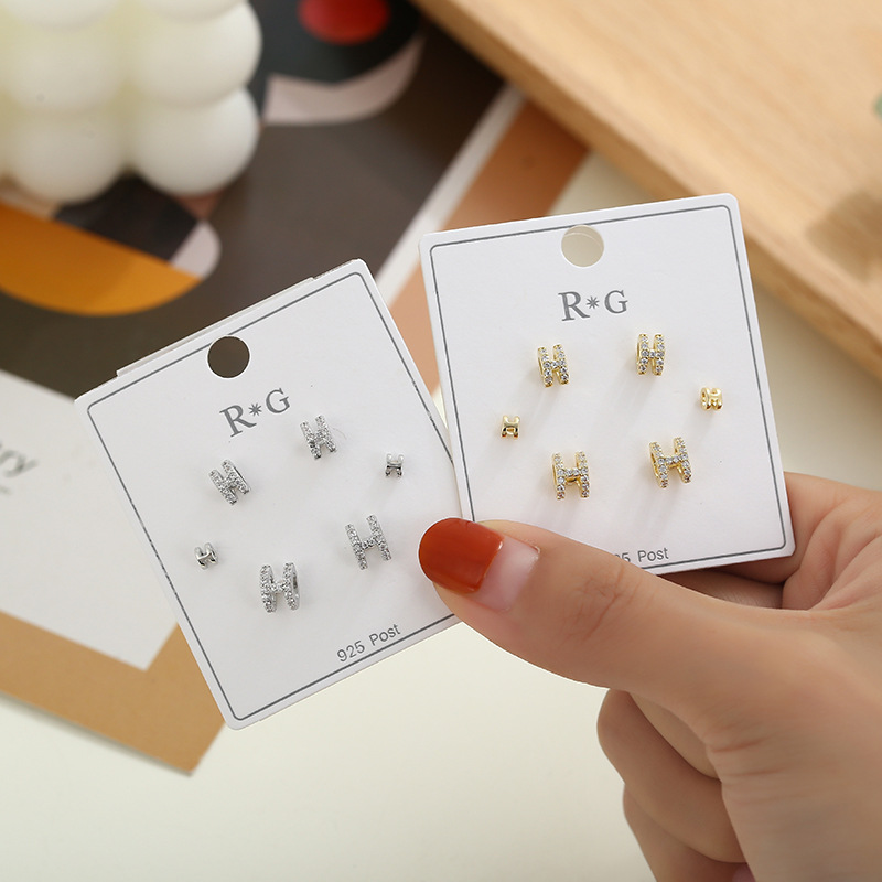 H字母镶钻小清新耳钉三对套装耳环2021新款简约百搭学生耳饰批发