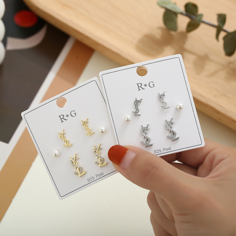 简约气质清新时尚组合s925银耳钉三对套装迷你字母耳骨钉耳饰批发