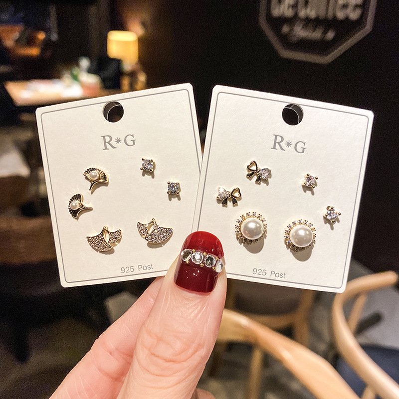 s925银针韩版休闲简约风耳钉微镶锆石珍珠组合套装耳饰厂家批发