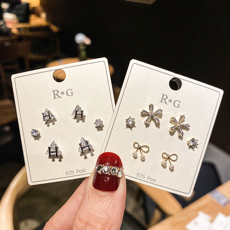 韩国新款s925银针耳坠女士复古一周套装时尚镶钻锆石纯银耳钉耳环