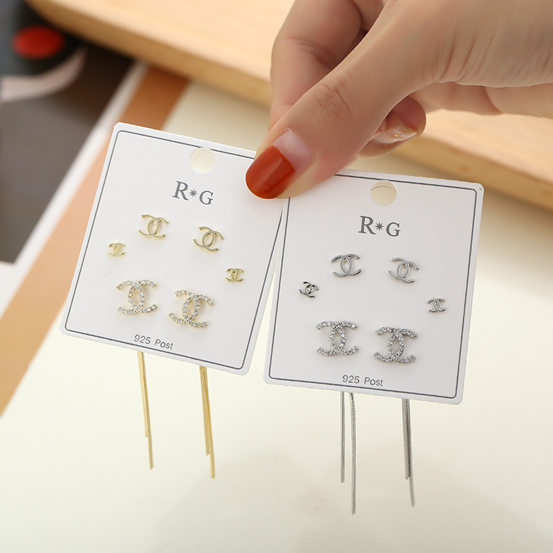 2021年新款潮s925银针简约小众设计感耳环日韩气质三件套装耳钉女