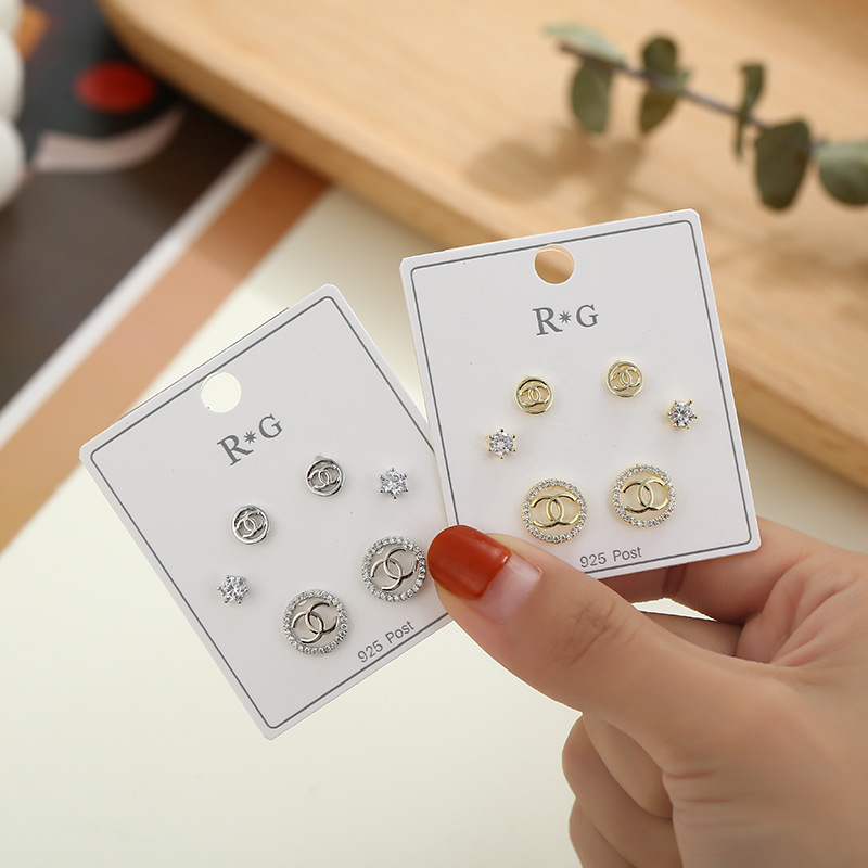 韩版气质耳环套装三对925纯银耳钉女高级感潮流耳环学生耳饰组合