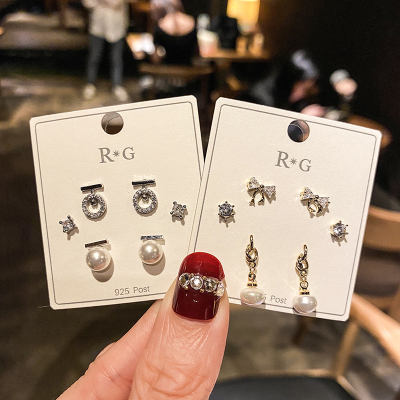 2021年新款潮s925银针耳钉简约小巧耳环日韩气质百搭三件套装批发