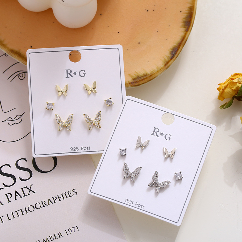微镶锆石S925银针耳钉韩国东大门可爱小巧满钻蝴蝶小清新耳钉女