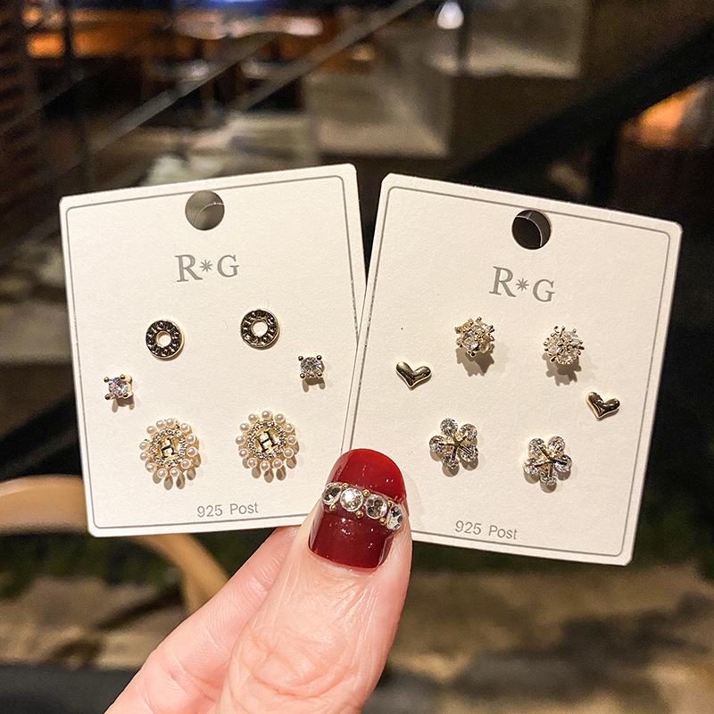 S925银针韩版新款套装组合耳钉几何体简约百搭时尚女耳饰品防过敏