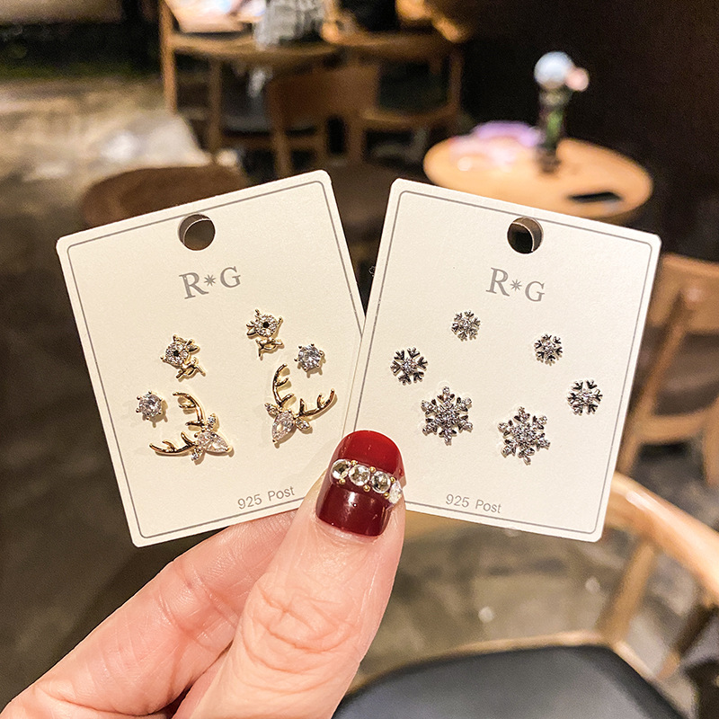 镶钻麋鹿森系S925银针耳钉小巧鹿角圣诞清新耳环女潮简约雪花耳饰