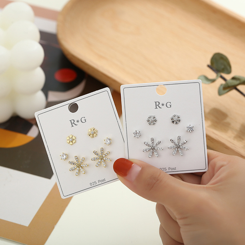 s925银针耳环套装组合高级感2021年新款潮雪花耳饰女气质独特耳钉