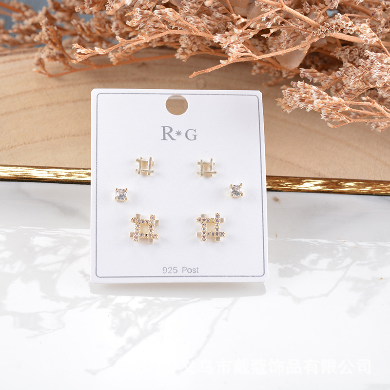 三对装井字锆石纯银耳钉套装简约日常几何耳环小众设计感耳饰女潮
