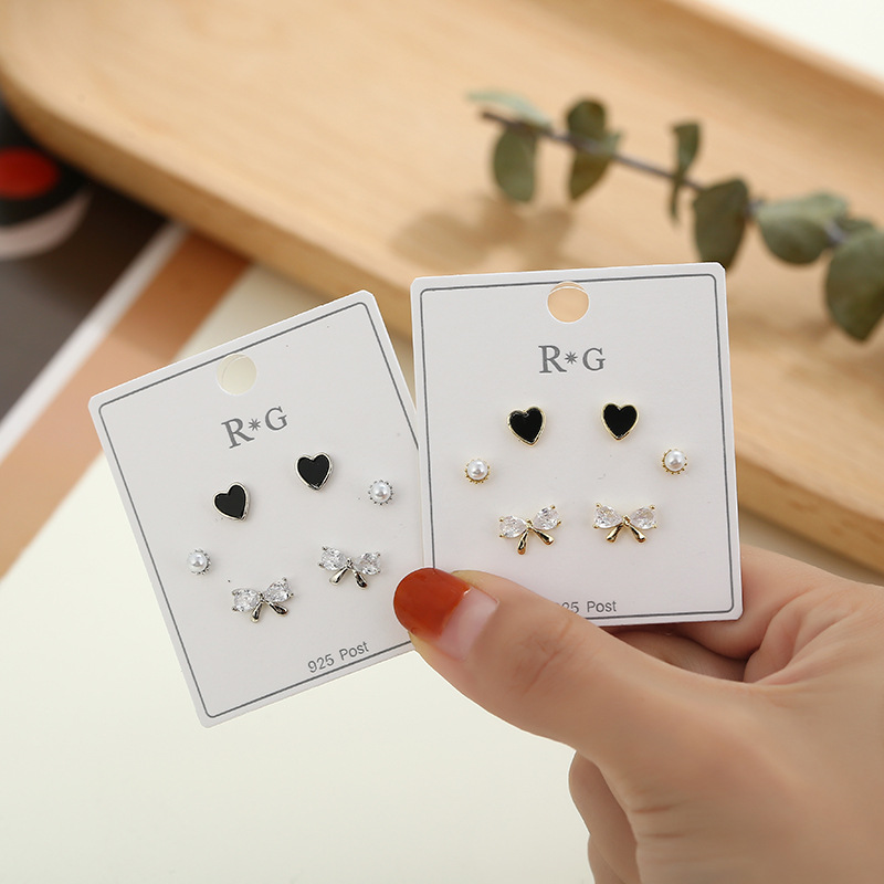 镶水钻蝴蝶结耳钉简约百搭耳环三对套装小清新学生爱心耳环批发