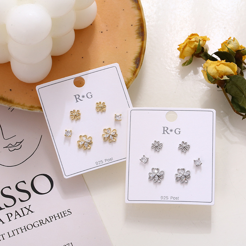 三件套耳钉925纯银针女百搭网红超闪时尚小巧简约耳环冷淡风耳饰