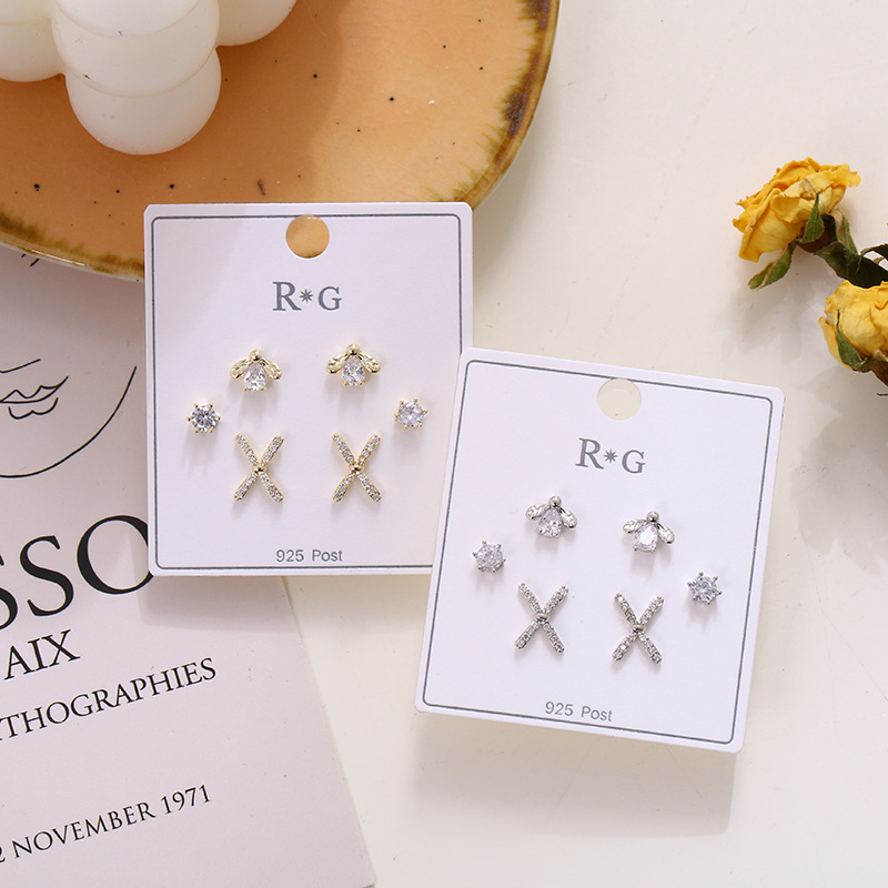 925银针耳钉三对个性微镶锆石真金电镀耳饰韩版气质高级感耳环