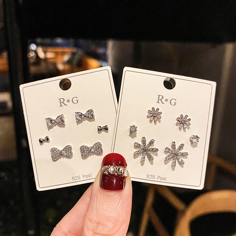 韩版休闲百搭耳钉套装s925电镀气质长短发蝴蝶结花瓣组合耳环批发
