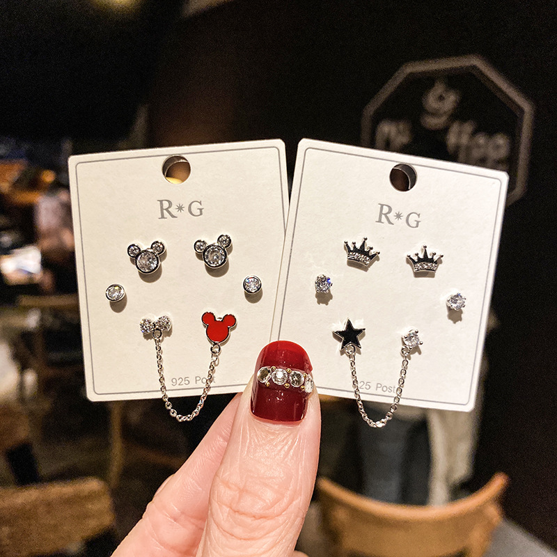 S925银针甜美可爱少女珍珠耳环韩国简约百搭耳钉3对一套耳坠耳钉