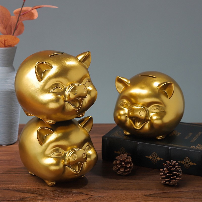 中式新年卡通金色招财猪存钱罐树脂工艺品家居客厅卧室装饰摆件