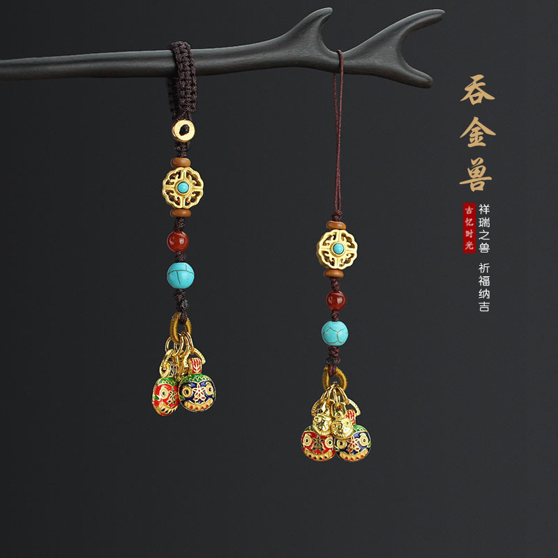 古法黄铜烧蓝吞金兽汽车钥匙扣挂件一家三口手机链包挂饰