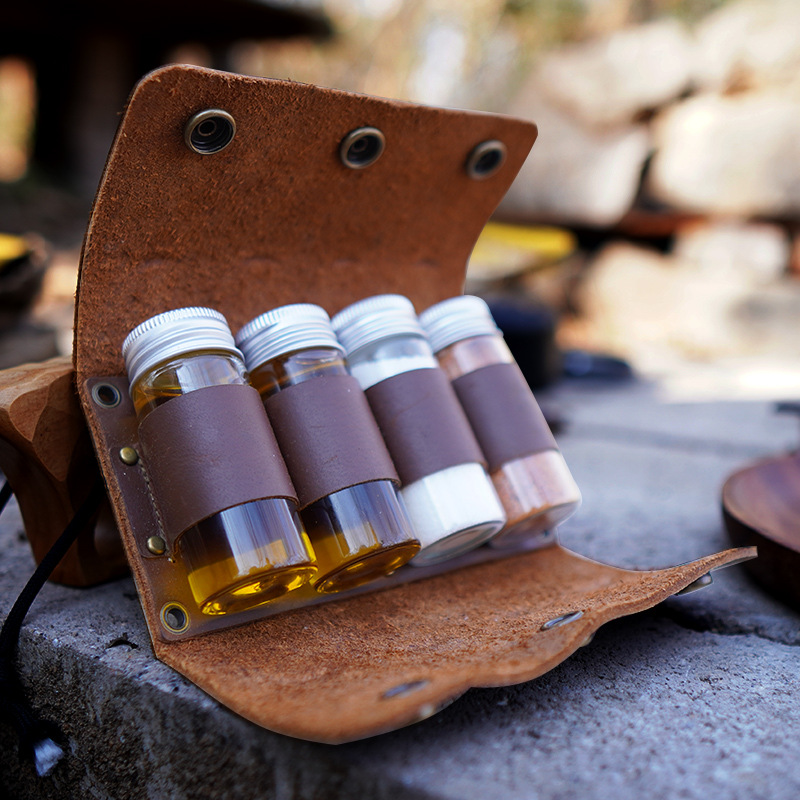 野人bushcraft 户外野营头层牛皮调料盒便携野炊烧烤油瓶套装