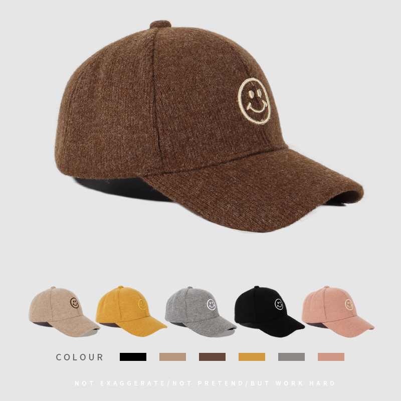 笑脸立体刺绣棒球帽男女秋冬棉毛呢韩版户外遮阳潮情侣鸭舌帽