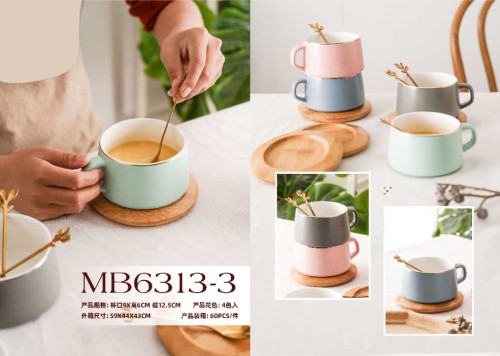 european-style light luxury coffee cup （macaron color + wooden mat） mug ceramic cup household