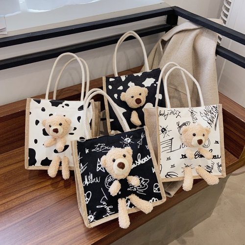 Linen Handbag Simple Cute Bear Japanese Women Bag Bag Cartoon Student Handbag Canvas Bag