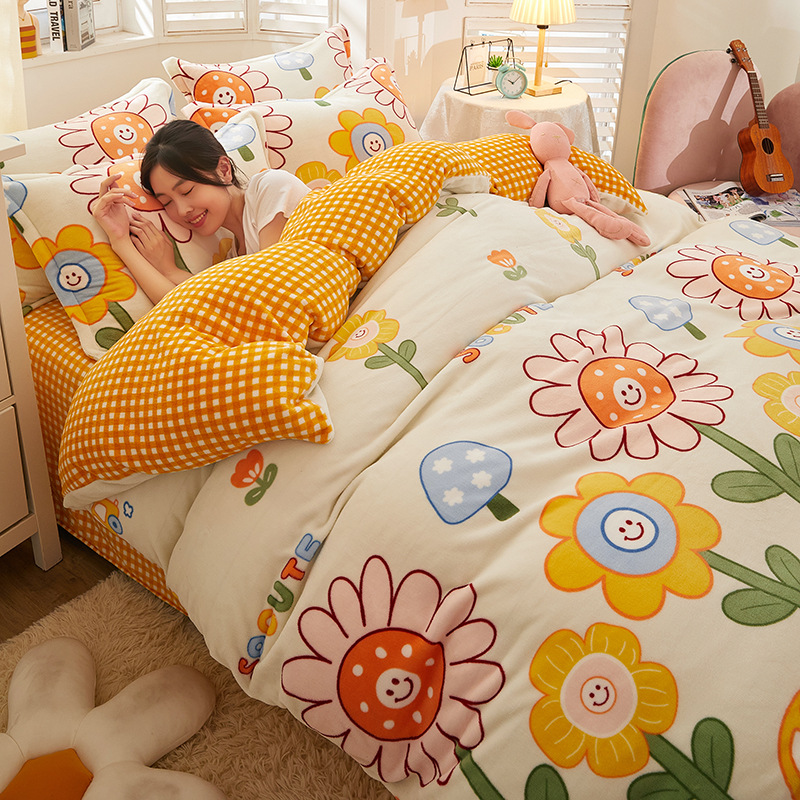 2021款牛奶绒四件套少女小清新床单被套秋冬保暖学生宿舍床上用品