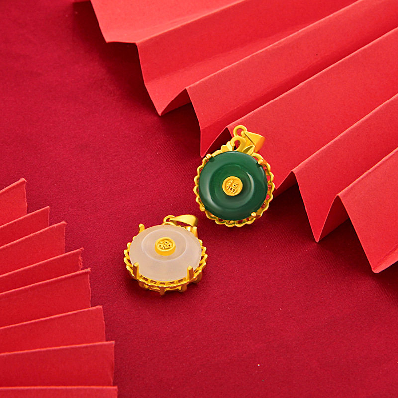 铜镀金平扣仿玉吊坠气质款民族风内镶彩钻项链挂件DIY配饰