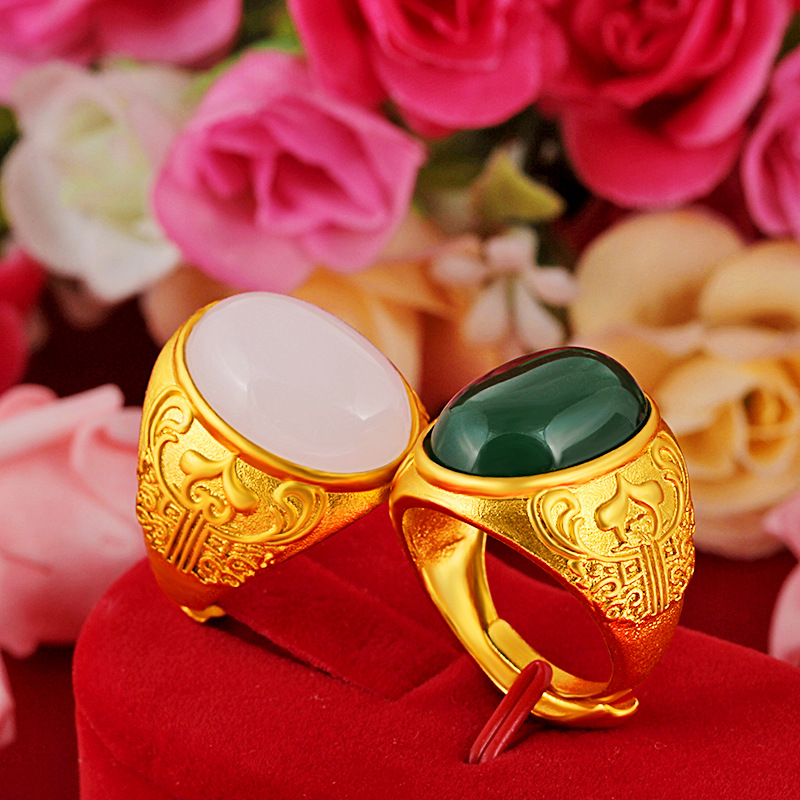 仿天然和田白玉戒指沙金镶嵌古法金工艺活口调节厂家直销