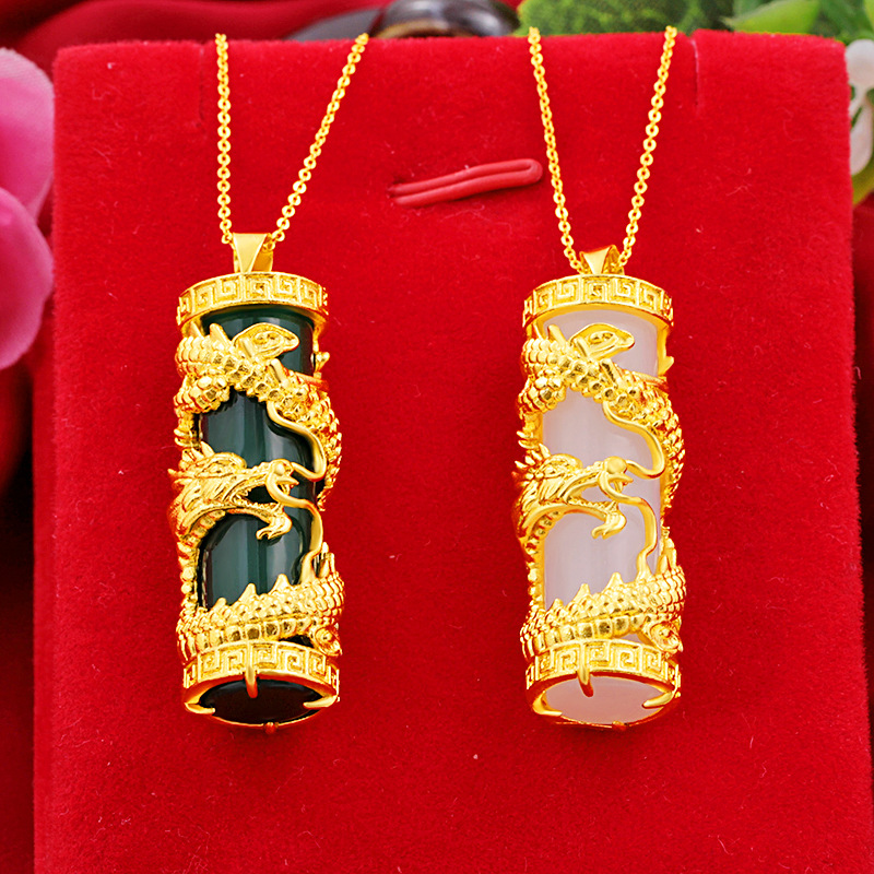 批发沙金吊坠镶嵌和田玉龙柱白玉古法金女士款吊坠龙凤挂坠