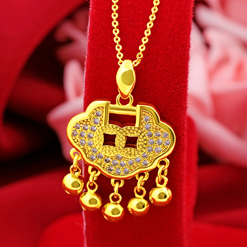 黄铜吊坠学生潮女微镶满钻沙金项链镀金24k黄金长命锁牌小众设计