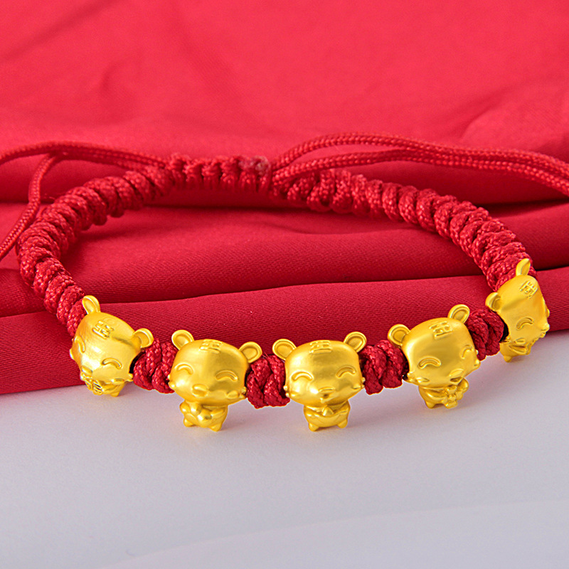 2022年五福虎本命年转运手绳手工编织男女儿童红绳仿黄金手链