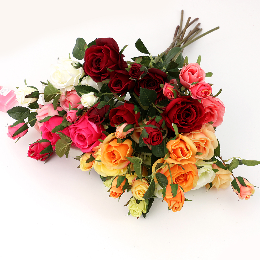 5头彩色玫瑰 外贸出口仿真花小把花假花家居饰品摆件婚庆装饰批发