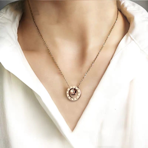 Japanese and Korean Simple Double Ring Inlaid White Diamond Zircon Roman Digital Necklace Female Online Influencer Elegant Titanium Steel Rose Gold Clavicle