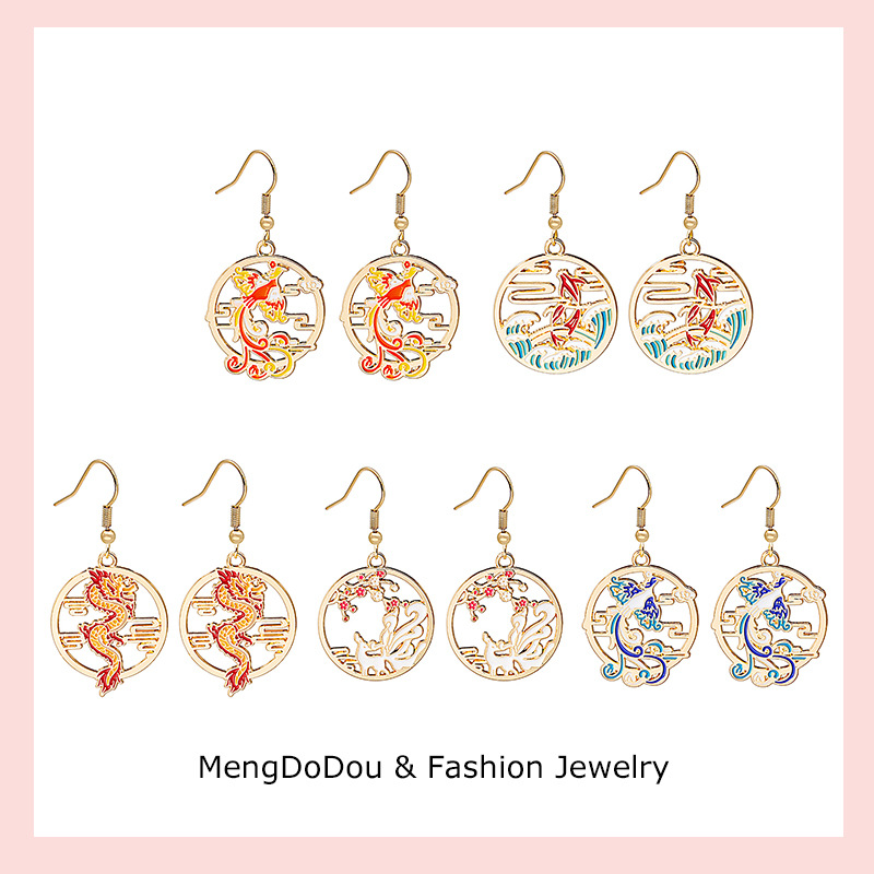 中国复古古风神话传说青龙朱雀卡通款滴油耳环时尚小众设计耳钩女