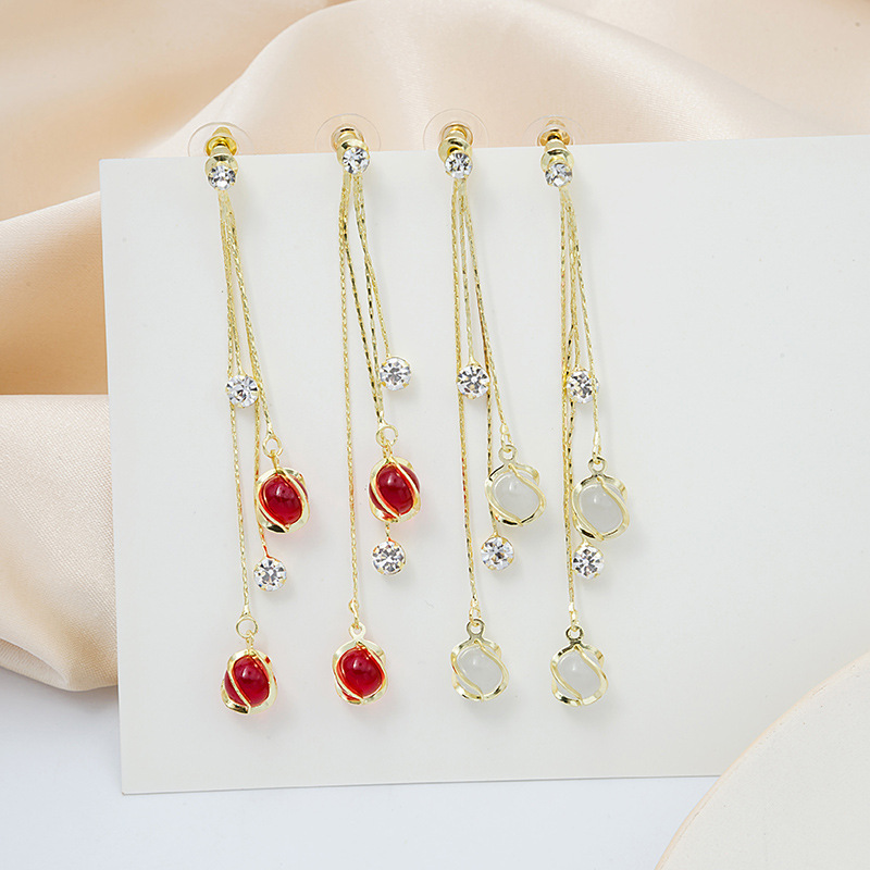 925银针红色猫眼石流苏耳环新款潮流高级耳坠日韩网红超仙耳饰
