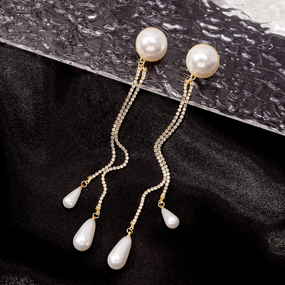 银针韩国东大门长款流苏水滴型珍珠链式时尚耳钉气质典雅耳环耳饰