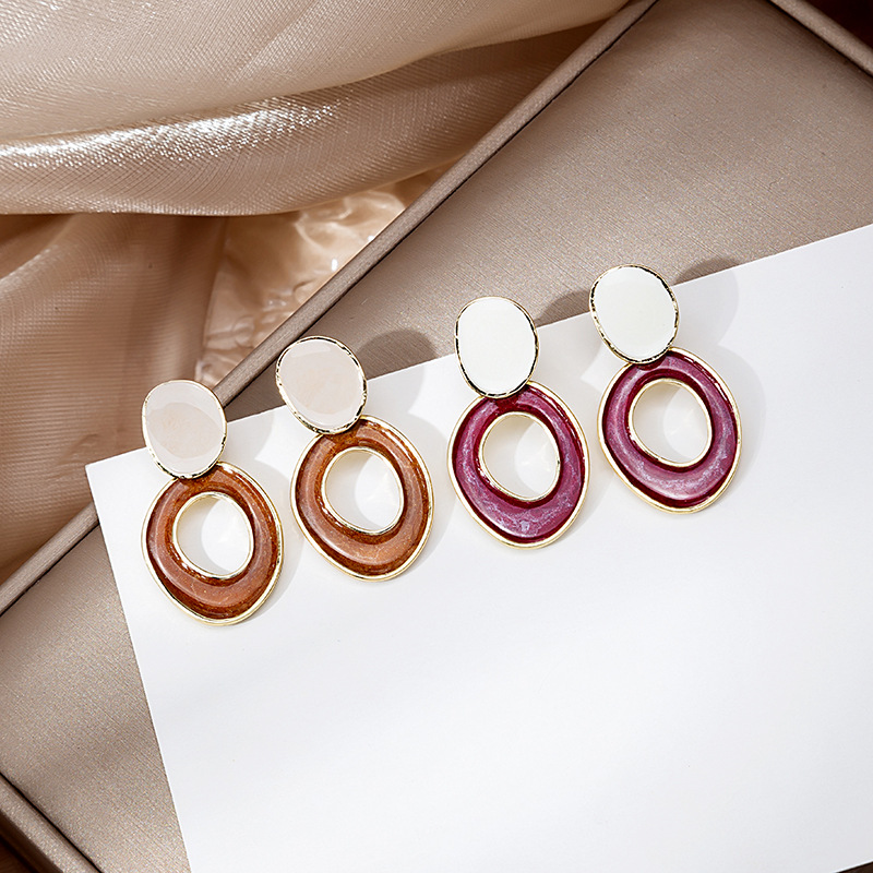 银针小众设计几何耳环流苏款圆环镂空撞色烤漆耳钉冷淡风百搭耳环
