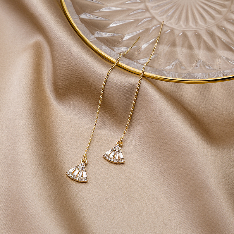 925银针复古祖母绿扇形耳线气质宫廷风韩版锆石耳钉耳环耳坠