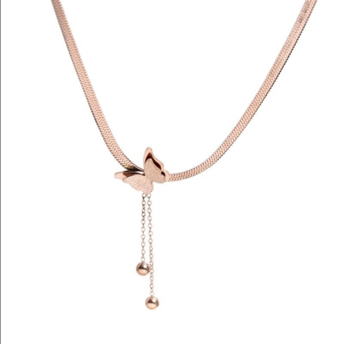 Japanese and Korean All-Match Simple Rose Gold Titanium Steel Frosted Butterfly Tassel Pendant Necklace Women‘s Short Clavicle Chain Wholesale